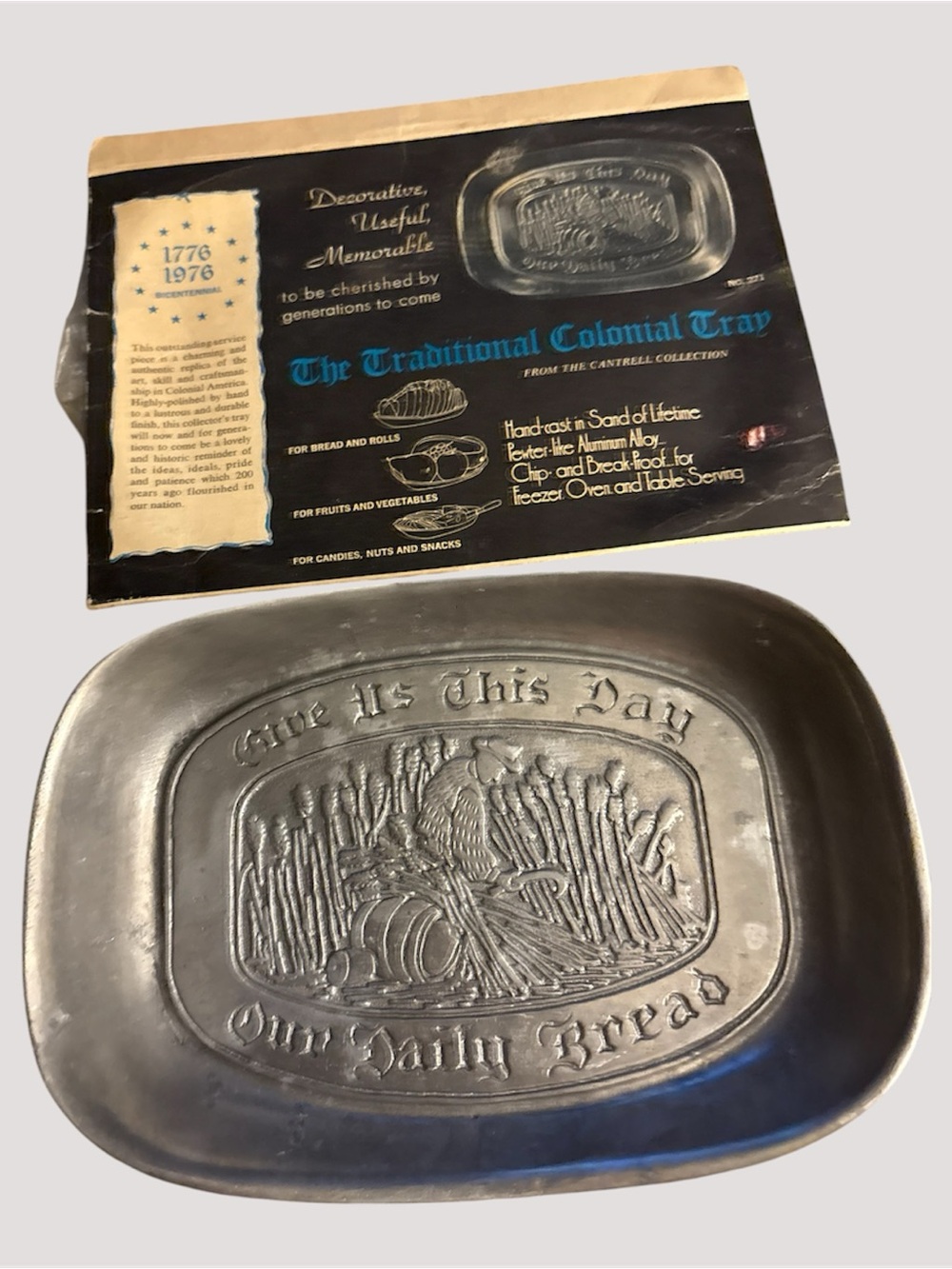 Traditional Colonial Decorative Tray in Pewter Finish - Give Us This Day Design